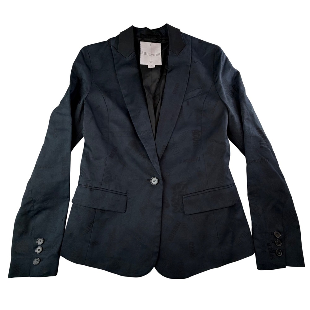 Adidas SLVR Jacquard Logo Blazer Jacket Black Tonal Print Tailored Career S